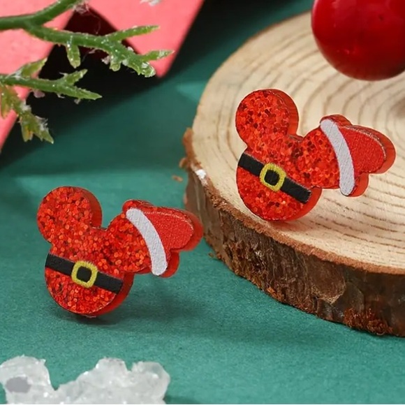 Mickey Mouse Santa Red Glitter Acrylic Christmas Holiday Stud Earrings - Picture 2 of 3